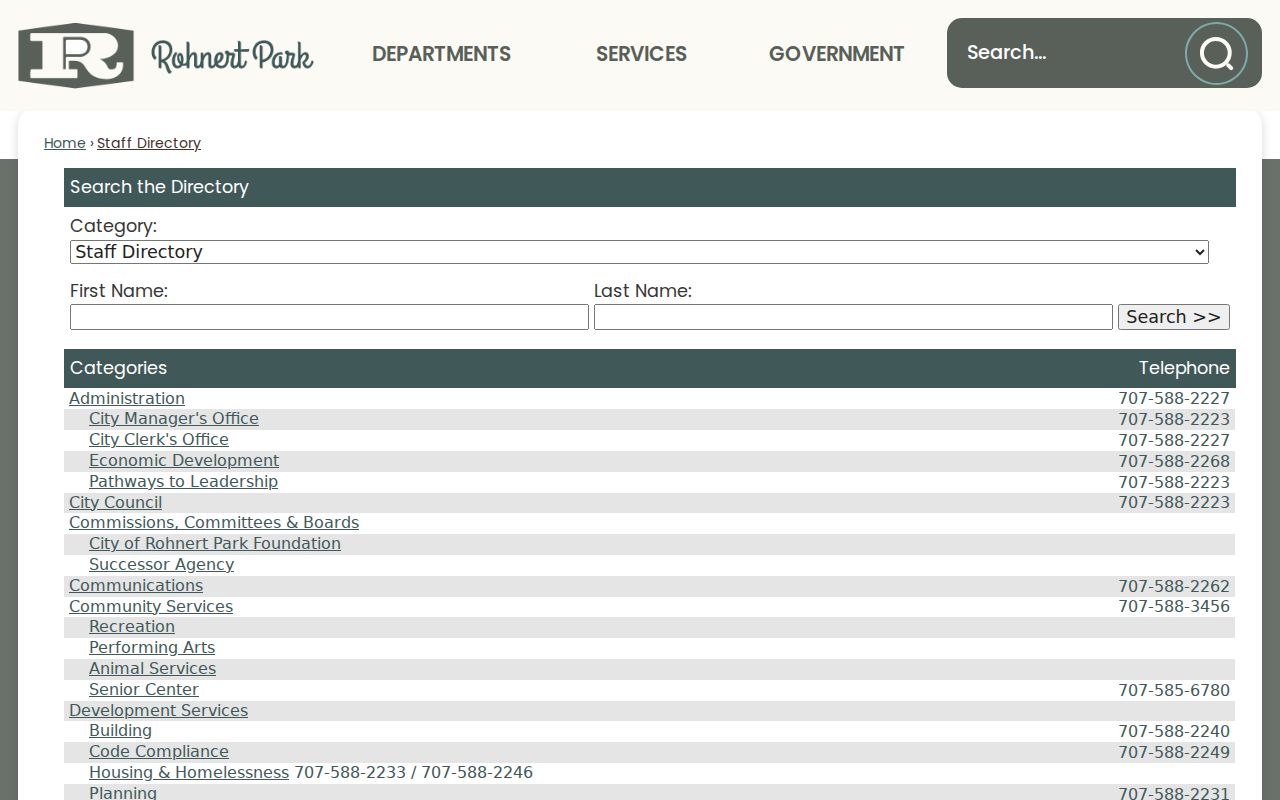 Rohnert Park directory city staff name search